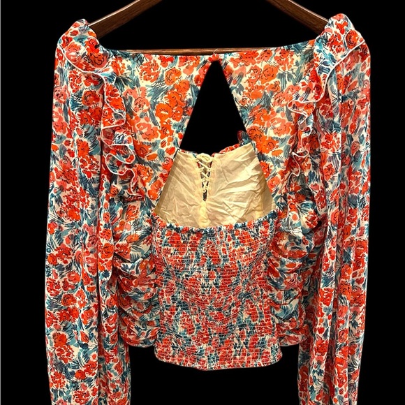 Free People Mabel Printed Rose Combo Open Back Lace Up Blouse Sz L - Picture 3 of 10